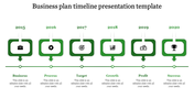 Business plan timeline with red boxes, downward arrows, and icons for business, process, target, growth, profit, and success.