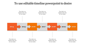 Timeline with orange and gray arrows, marking the years from 2014 to 2020, with space for text beneath each year.