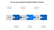 Timeline slide featuring a sequence of years from 2015 to 2020 in rectangular blocks connected by blue arrows, with caption areas.