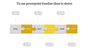 Timeline with yellow and gray arrows marking years 2015 to 2020, featuring space for text under each year.