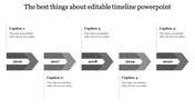 Timeline design with five gray arrows, each pointing to a different year from 2016 to 2020, paired with captions.