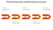 Timeline PowerPoint slide with orange arrows marking the years 2016 to 2020, along with corresponding captions.