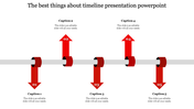 A red timeline PowerPoint template featuring five arrows with captions for each year and text sections.