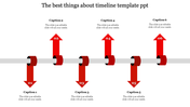 Modern timeline with six numbered red arrows wrapping around a horizontal bar, each linked to a caption.