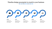 Blue themed timeline PPT slide with circular markers for the years 2015 to 2019, featuring icons for business milestones.