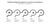 Gray toned timeline with arrows and icons, representing years 2015 to 2019, each marked by a unique icon.