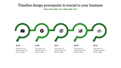 Business timeline slide featuring red colorful arrow shapes, caption areas and icons for each milestone.