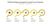 A yellow themed timeline PowerPoint design with arrows for the years 2015 to 2019, featuring business related icons.