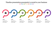 Timeline with circular year markers and icons in pink, blue, green, yellow, red, and purple, showing years from 2015 to 2020.
