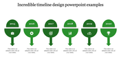 Six step green timeline infographic with semi circle markers, arrows, and icons for years from 2015 to 2020.