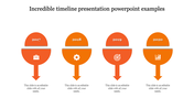 Horizontal timeline with four orange semicircle shapes showing years 2017 to 2020, with arrows pointing downward.