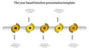 Timeline PPT slide with yellow icons representing key milestones in business from 2015 to 2019 and placeholder text.