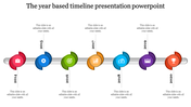 Timeline with circular markers in red, blue, green, yellow, teal, purple, and orange, on a silver bar from 2014 to 2020.