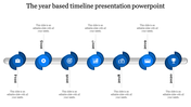 Timeline presentation template with blue icons and years from 2014 to 2020, highlighting important business milestones.