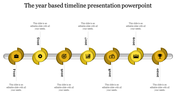 Timeline presentation template with icons representing key events from 2014 to 2020 in a yellow color scheme.