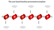 Horizontal timeline template with red circular markers highlighting key years from 2015 to 2020, featuring relevant icons.