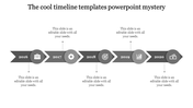 A cool timeline PPT slide in grey, with years from 2016 to 2020, each year associated with an icon and placeholder text.