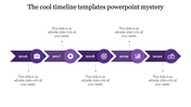 A cool timeline PPT slide in purple, with years from 2016 to 2020, each year associated with an icon and placeholder text.