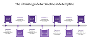 Timeline infographic with a purple and white theme, featuring seven square shaped milestones and descriptive text.