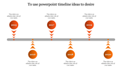 Timeline PPT slide with years 2015 to 2020, featuring orange circular markers and arrows pointing downward and upward.