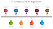 Vibrant timeline displaying years 2015 to 2023 along a central gray bar, with milestones alternating above and below.