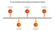 Timeline PPT slide with years 2015 to 2019, featuring orange circular markers with upward and downward pointing arrows.
