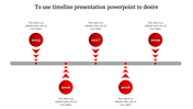 Infographic timeline with red circular year markers, arrow indicators, and text placeholders along a horizontal gray bar.