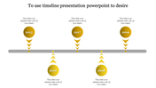 Timeline PPT slide with years 2015 to 2019, featuring yellow circular markers with upward and downward pointing arrows.