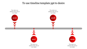 Timeline ideas template with years 2016 to 2019, each year represented by a red circular marker with arrows and text area.