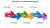 Six step timeline with bold, overlapping arrows in red, blue, green, orange, teal, and purple, each labeled with a year.