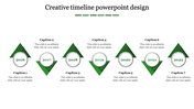 Creative timeline PowerPoint design with green triangular markers from 2016 to 2022 with captions.