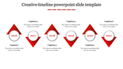 Modern timeline design featuring a sequence of red triangles, each enclosing a circular date marker from 2016 to 2021.