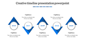 Blue themed timeline featuring five triangular milestones with year labels from 2016 to 2020 each with a caption areas.