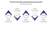 Creative timeline PowerPoint template with purple color triangular markers from 2016 to 2020 with captions.