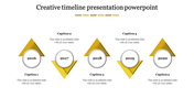 Modern timeline template with five yellow triangular elements, each containing a circular year marker from 2016 to 2020.