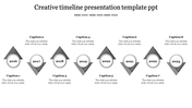 Timeline with a geometric layout, featuring eight milestone is represented by a gray triangle and a white circular label.