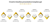 Creative PowerPoint timeline slide with yellow triangular markers from 2016 to 2023 with captions.