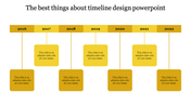 Creative timeline design PowerPoint slide with year labels and yellow blocks from 2016 to 2022 with placeholder text.