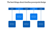 Timeline design slide showcasing milestones from 2016 to 2020 with blue labeled boxes.
