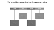 Grayscale timeline design with a clean layout, featuring four milestone markers, and hanging text descriptions.