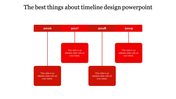 Red themed timeline featuring a horizontal bar with years 2016 to 2019, each connected to red square sections for captions.