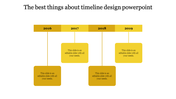 Timeline PowerPoint slide with yellow blocks for 2016 to 2019, labeled with years and captions.