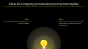 Minimalist slide with a black theme, yellow light bulb graphic at the bottom, and two business related idea sections.