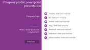 Company profile slide with a purple and white split layout, and a white section with icons for contact details.
