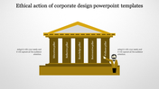 Illustration of a classical building with five pillars and a gold roof, with a figure in a suit pointing to the structure.