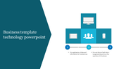 Dark teal left panel with white text, a central blue square infographic with icons, and three numbered process flow below.