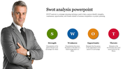 Slide with a professional man in a suit and SWOT analysis elements displayed in green, blue, orange, and red circles.