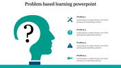 A teal silhouette of a head with a question mark inside, with four icons and text, on a white background.