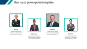 Team introduction slide with four professional headshots, each framed in teal, featuring names and descriptions.