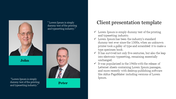Professional client introduction slide displaying two headshots on the left and a list of key points about client engagement.